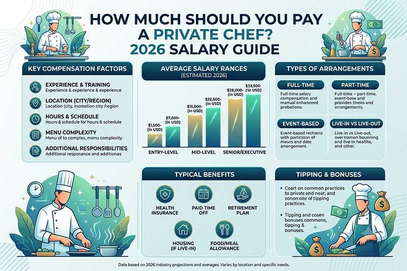 Infographic titled How Much Should You Pay a Private Chef Salary in 2026, Guide showing key compensation factors including experience, location, hours, menu complexity, and additional responsibilities, average salary ranges from entry-level at $1,500 to $7,500 per month up to senior and executive level at $28,000 to $33,500 per month, types of arrangements including full-time, part-time, event-based, and live-in vs live-out, typical benefits such as health insurance, paid time off, retirement plan, housing, and food allowance, plus tipping and bonus practices